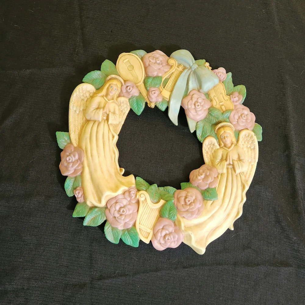 Vintage Scorio Charming Angel Wreath with Pink Roses and Green Leaves